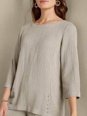 Soft Surroundings Oceo Gauze Tunic Pebble Taupe Crinkle Top Sz M Lagenlook